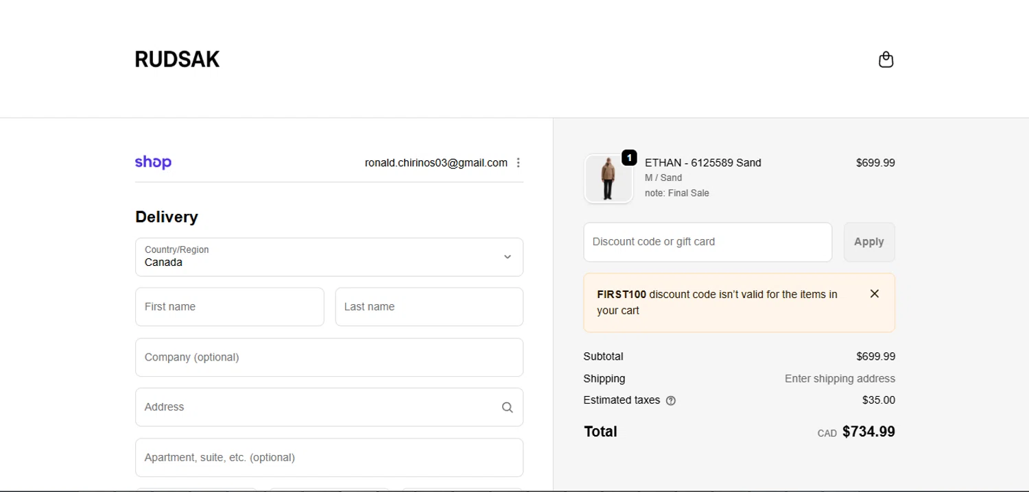 Rudsak coupon code screenshot showing code FIRST100 applied at Rudsak checkout page. Uploaded by SimplyCodes community member Carlosramirez09 on Feb 10, 2026