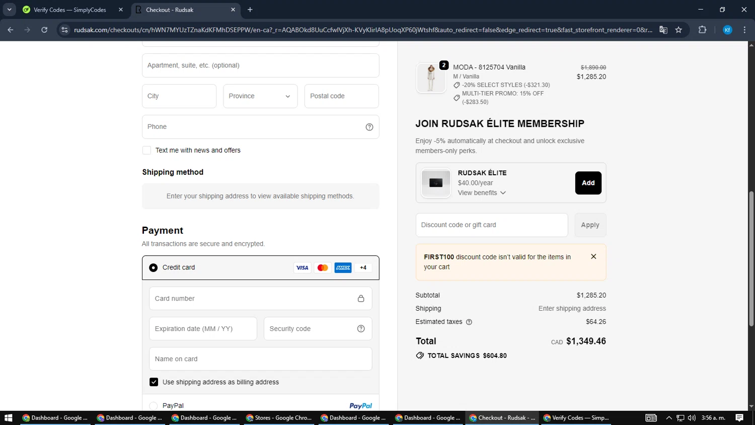 Rudsak coupon code screenshot showing code FIRST100 applied at Rudsak checkout page. Uploaded by SimplyCodes community member Cynoxx on Jan 8, 2026