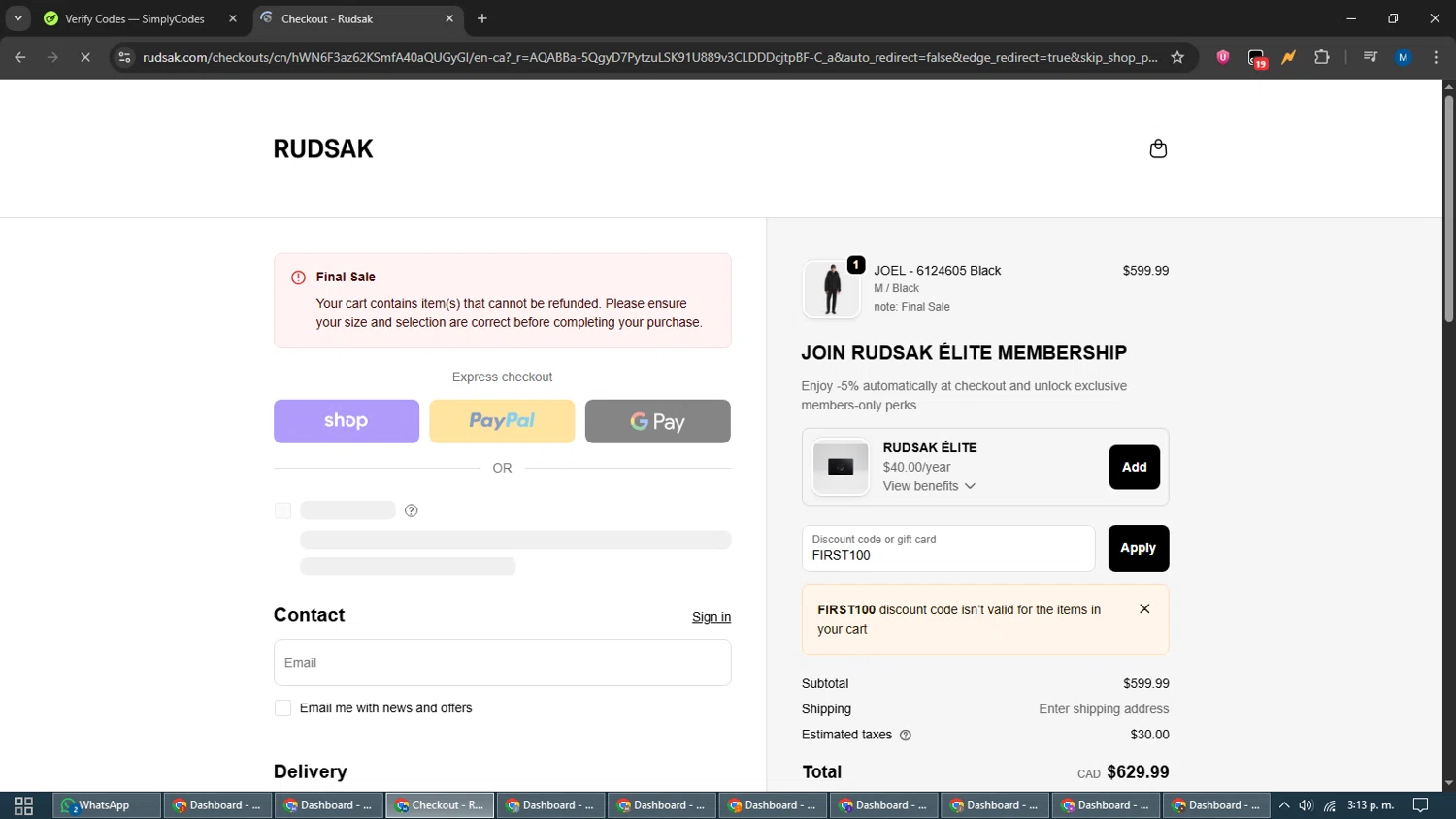Rudsak coupon code screenshot showing code FIRST100 applied at Rudsak checkout page. Uploaded by SimplyCodes community member EpicVoyager2820 on Dec 9, 2025