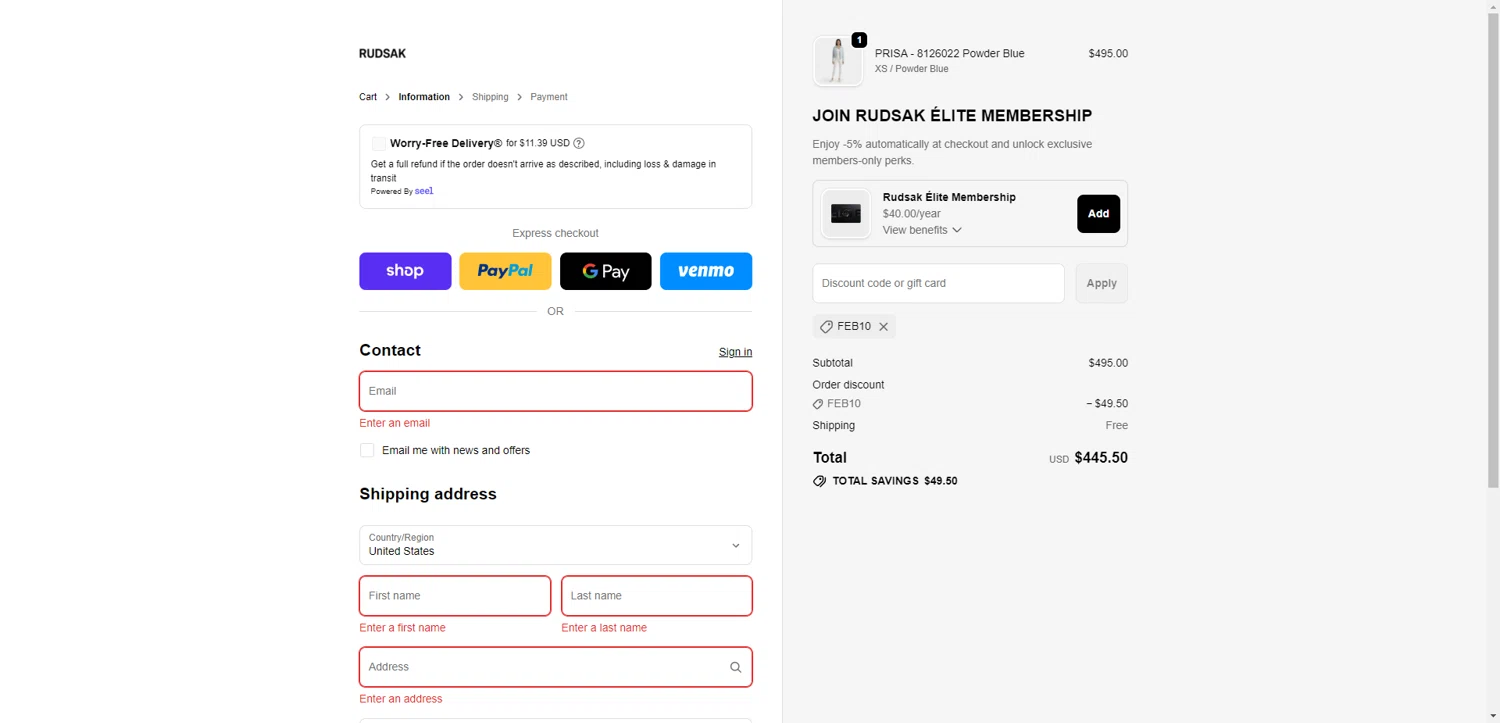 Rudsak coupon code screenshot showing code FEB10 applied at Rudsak checkout page. Uploaded by SimplyCodes community member CrownWhiz8114 on Feb 5, 2026