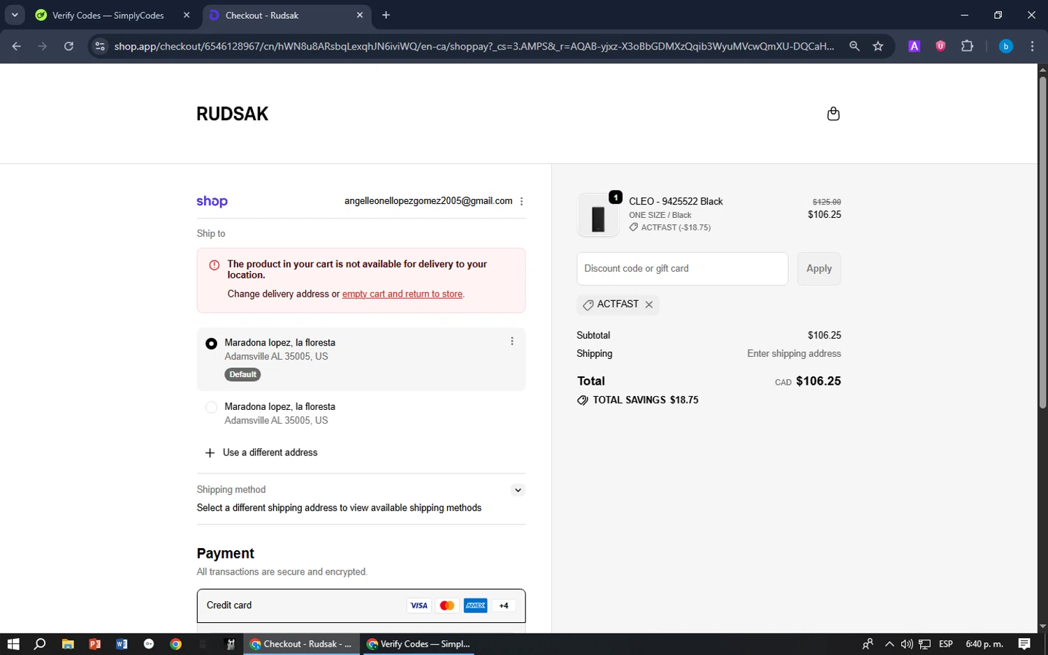 Rudsak checkout page showing Rudsak coupon code box | Screenshot taken by SimplyCodes community member on Feb 17, 2026