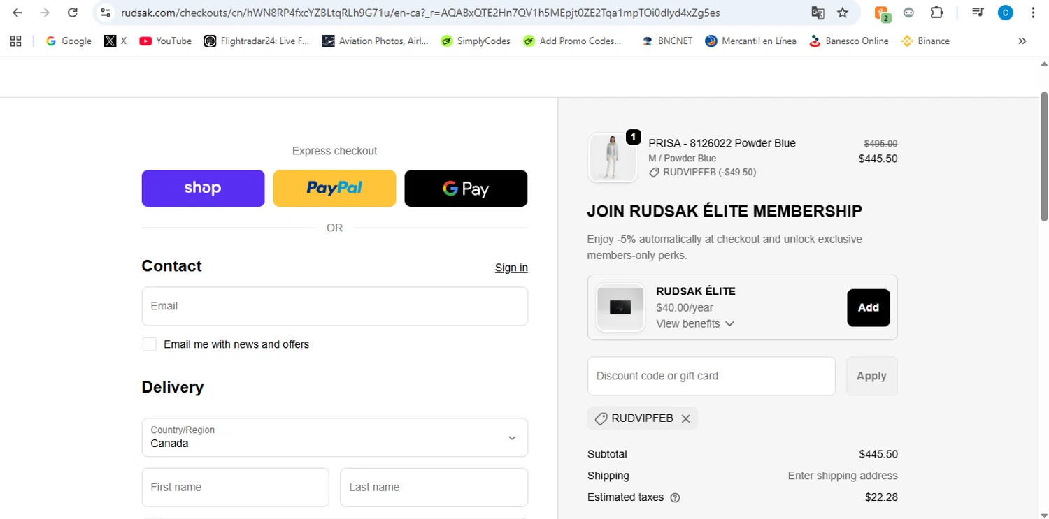 Rudsak coupon code screenshot showing code RUDVIPFEB applied at Rudsak checkout page. Uploaded by SimplyCodes community member victor on Feb 6, 2026