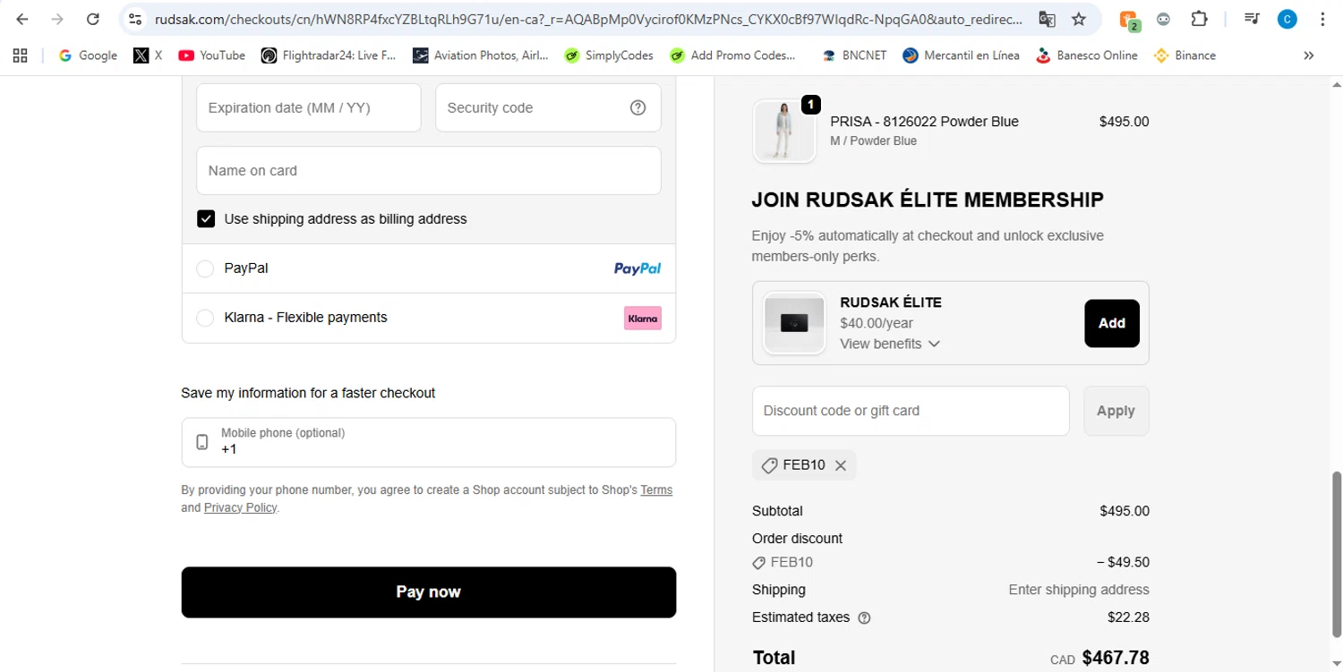 Rudsak coupon code screenshot showing code FEB10 applied at Rudsak checkout page. Uploaded by SimplyCodes community member victor on Feb 5, 2026