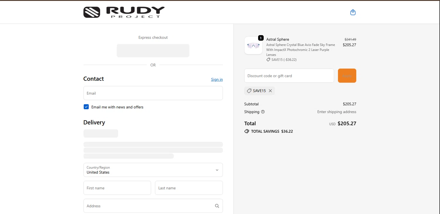 Rudy Project NA promo code screenshot showing code save15 applied at Rudy Project NA checkout page. Uploaded by SimplyCodes community member BrillianteMaestro892 on Oct 22, 2025