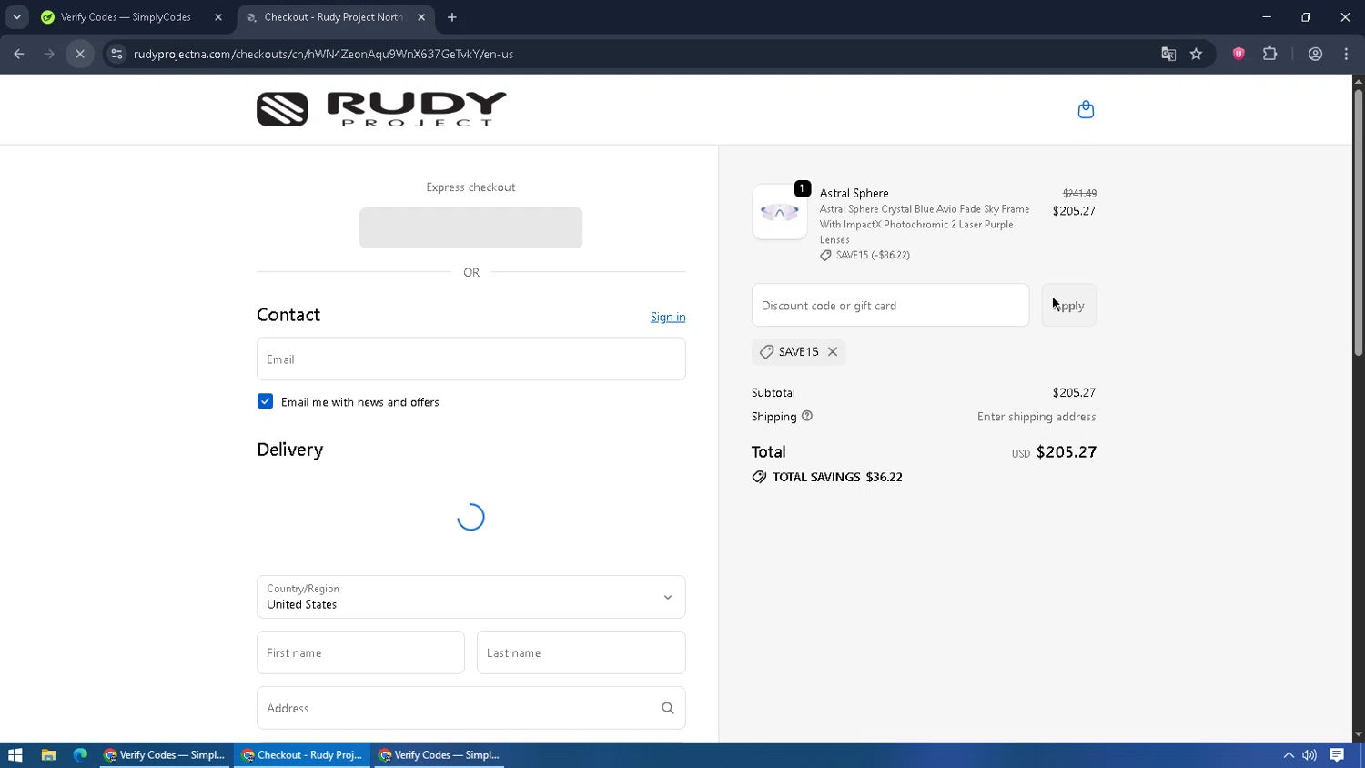 Rudy Project NA promo code screenshot showing code save15 applied at Rudy Project NA checkout page. Uploaded by SimplyCodes community member RebateCaptain6440 on Oct 26, 2025