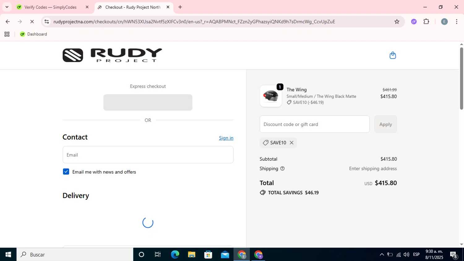 Rudy Project NA promo code screenshot showing code save10 applied at Rudy Project NA checkout page. Uploaded by SimplyCodes community member Esteban on Nov 8, 2025