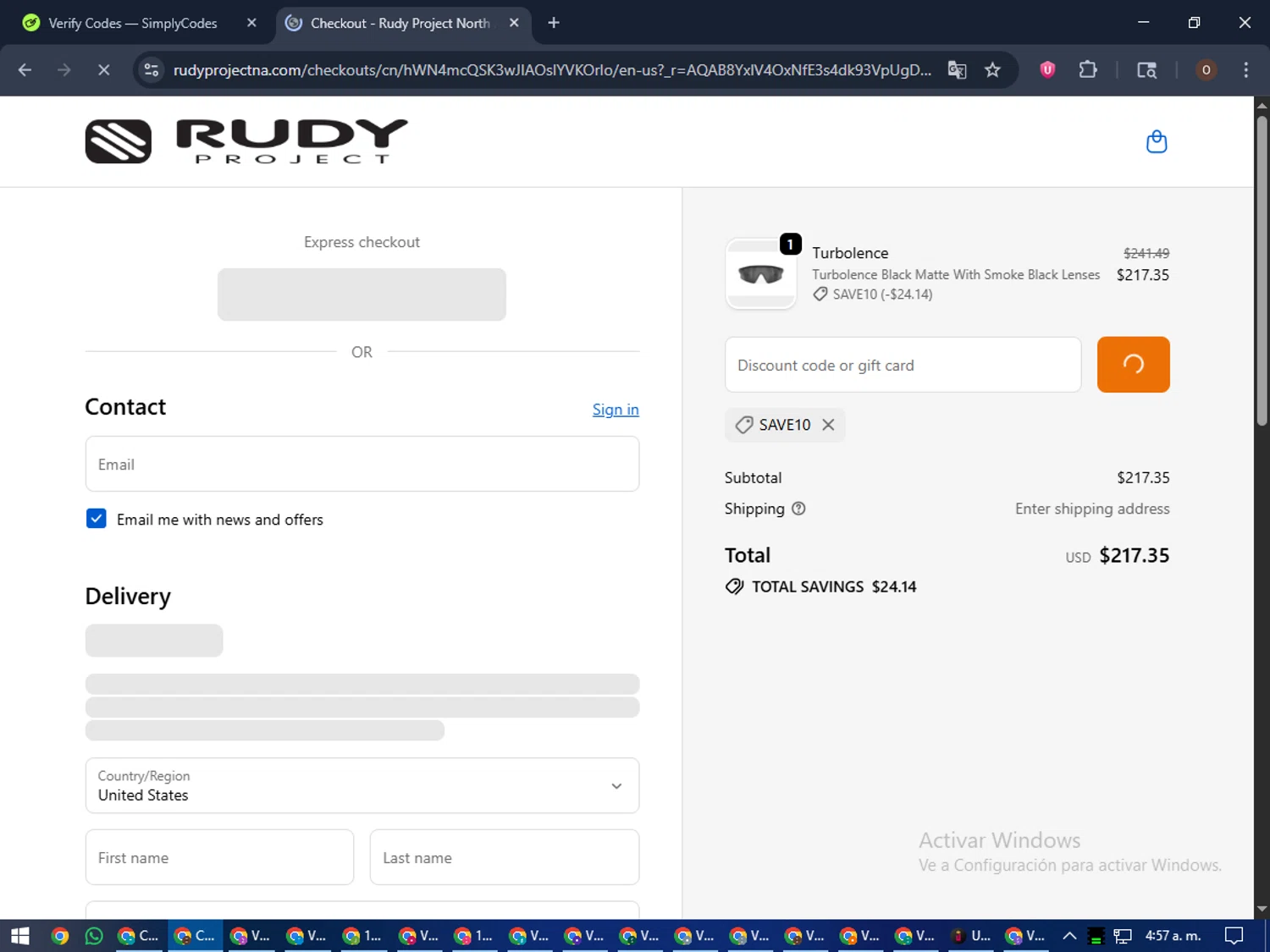 Rudy Project NA promo code screenshot showing code save10 applied at Rudy Project NA checkout page. Uploaded by SimplyCodes community member Legendar on Nov 1, 2025