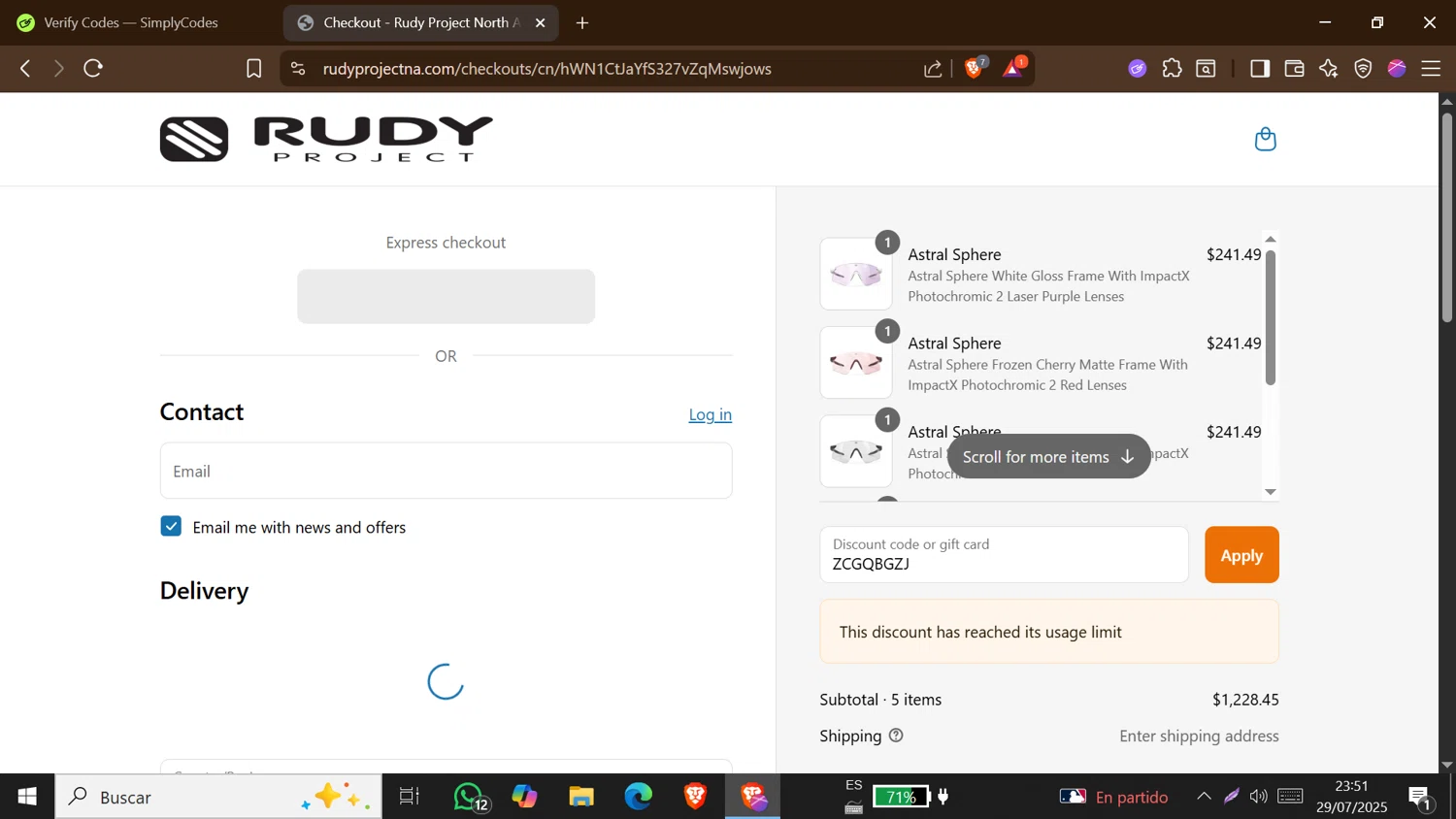 Rudy Project NA promo code screenshot showing code ZCGQBGZJ applied at Rudy Project NA checkout page. Uploaded by SimplyCodes community member MoneyShopper1883 on Jul 30, 2025