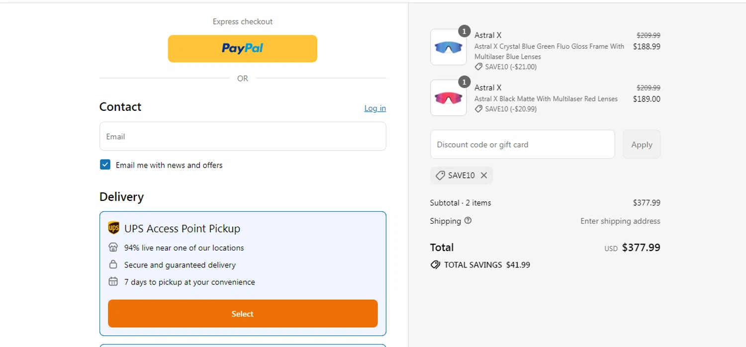 Rudy Project NA promo code screenshot showing code SAVE10 applied at Rudy Project NA checkout page. Uploaded by SimplyCodes community member yilmamalave on Aug 14, 2025