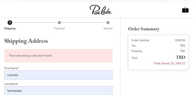 Rue La La checkout page showing Rue La La coupon code box | Screenshot taken by SimplyCodes community member on Jan 5, 2021