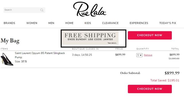Rue La La checkout page showing Rue La La coupon code box | Screenshot taken by SimplyCodes community member on Jan 27, 2021