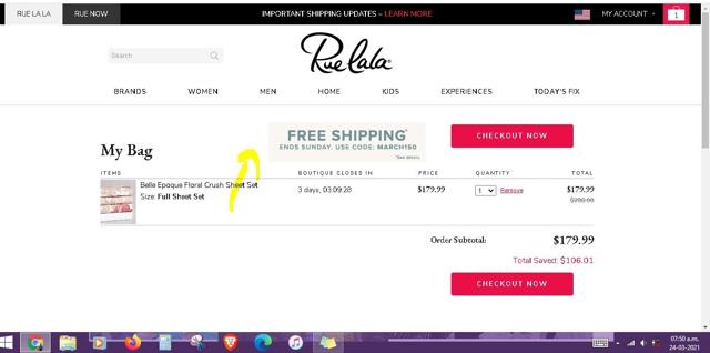 Rue La La checkout page showing Rue La La coupon code box | Screenshot taken by SimplyCodes community member on Mar 24, 2021