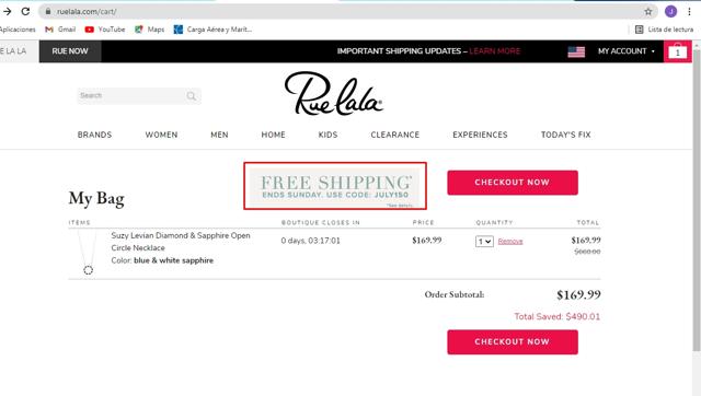 Rue La La checkout page showing Rue La La coupon code box | Screenshot taken by SimplyCodes community member on Jul 21, 2021