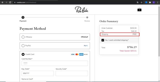 Rue La La checkout page showing Rue La La coupon code box | Screenshot taken by SimplyCodes community member on Oct 14, 2021