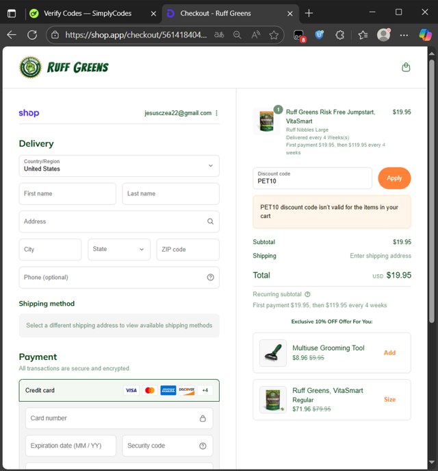 Ruff Greens checkout page showing Ruff Greens discount code box | Screenshot taken by SimplyCodes community member on Sep 3, 2025