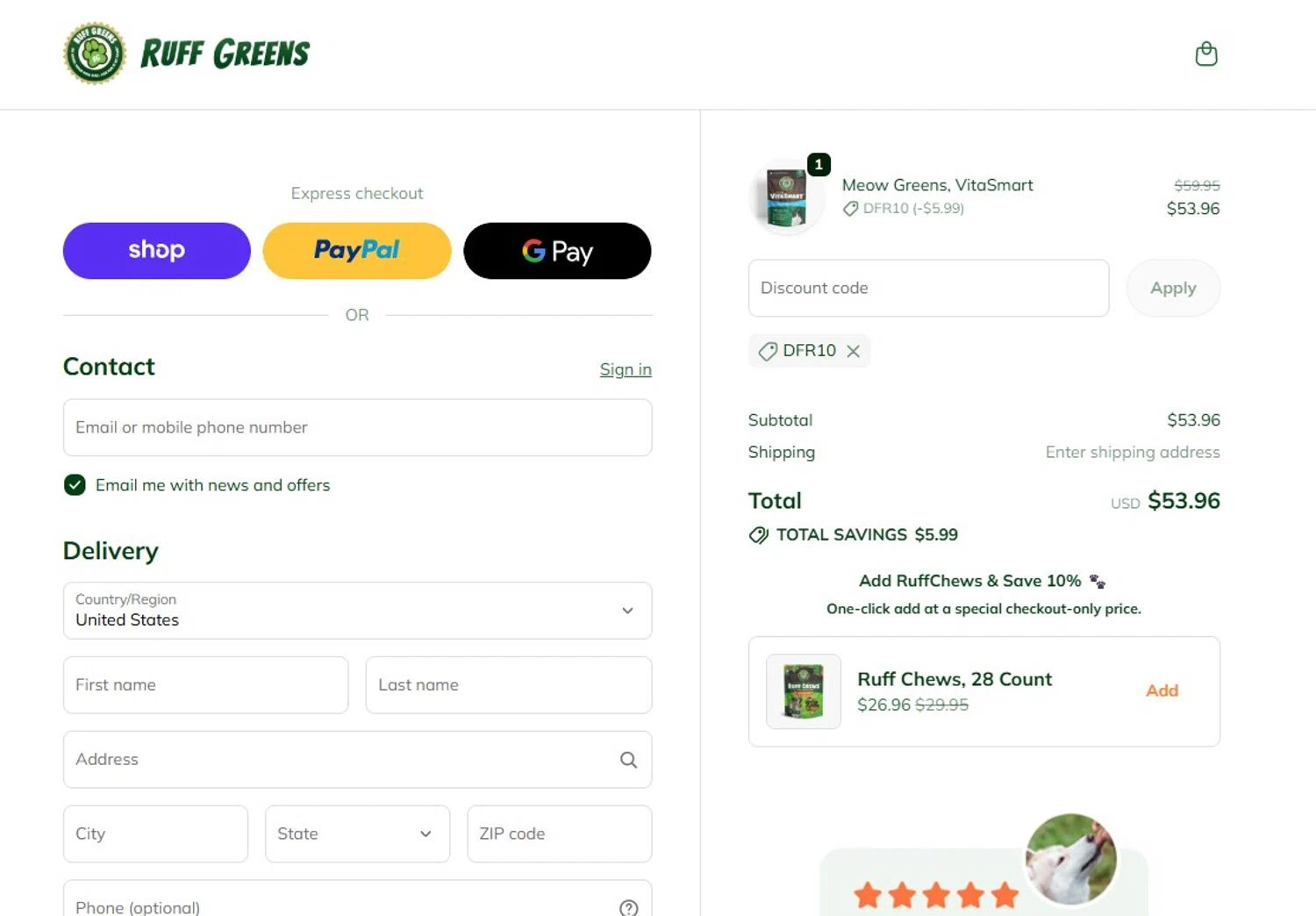 Ruff Greens promo code screenshot showing code DFR10 applied at Ruff Greens checkout page. Uploaded by SimplyCodes community member mandrakke on Jun 11, 2026