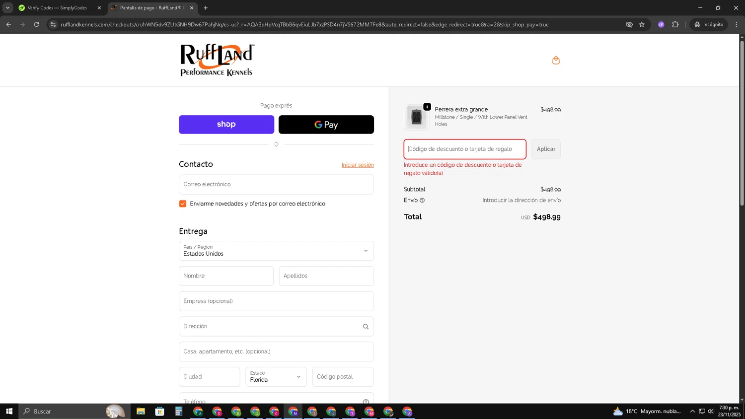 Ruff Land Kennels promo code screenshot showing code SMALLBOWL25 applied at Ruff Land Kennels checkout page. Uploaded by SimplyCodes community member CRF250CC on Nov 24, 2025