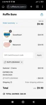 RUFFLEBUNS60 coupon verification screenshot