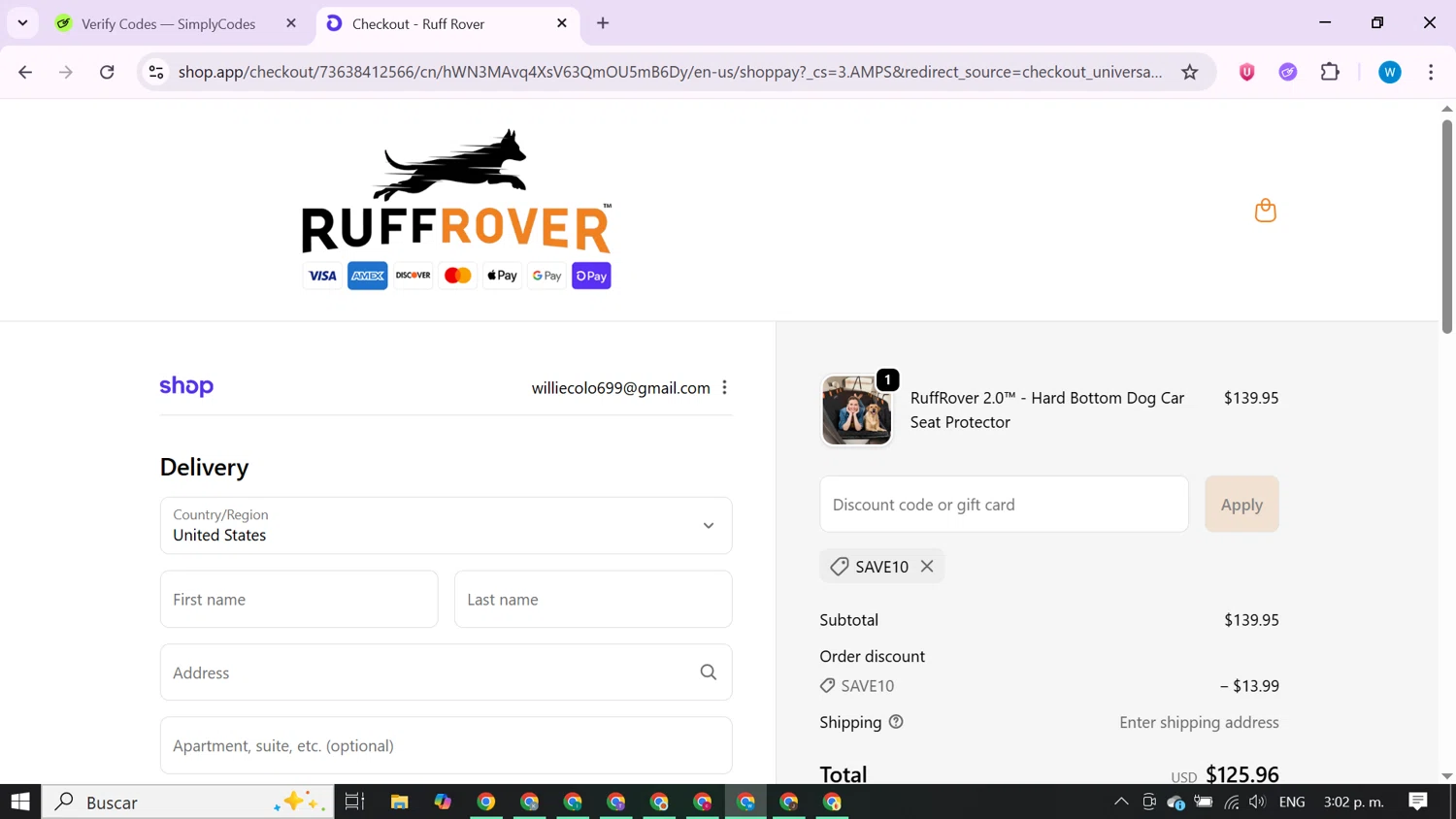 Ruff Rover discount code screenshot showing code SAVE10 applied at Ruff Rover checkout page. Uploaded by SimplyCodes community member CrownShopper7142 on Sep 24, 2025
