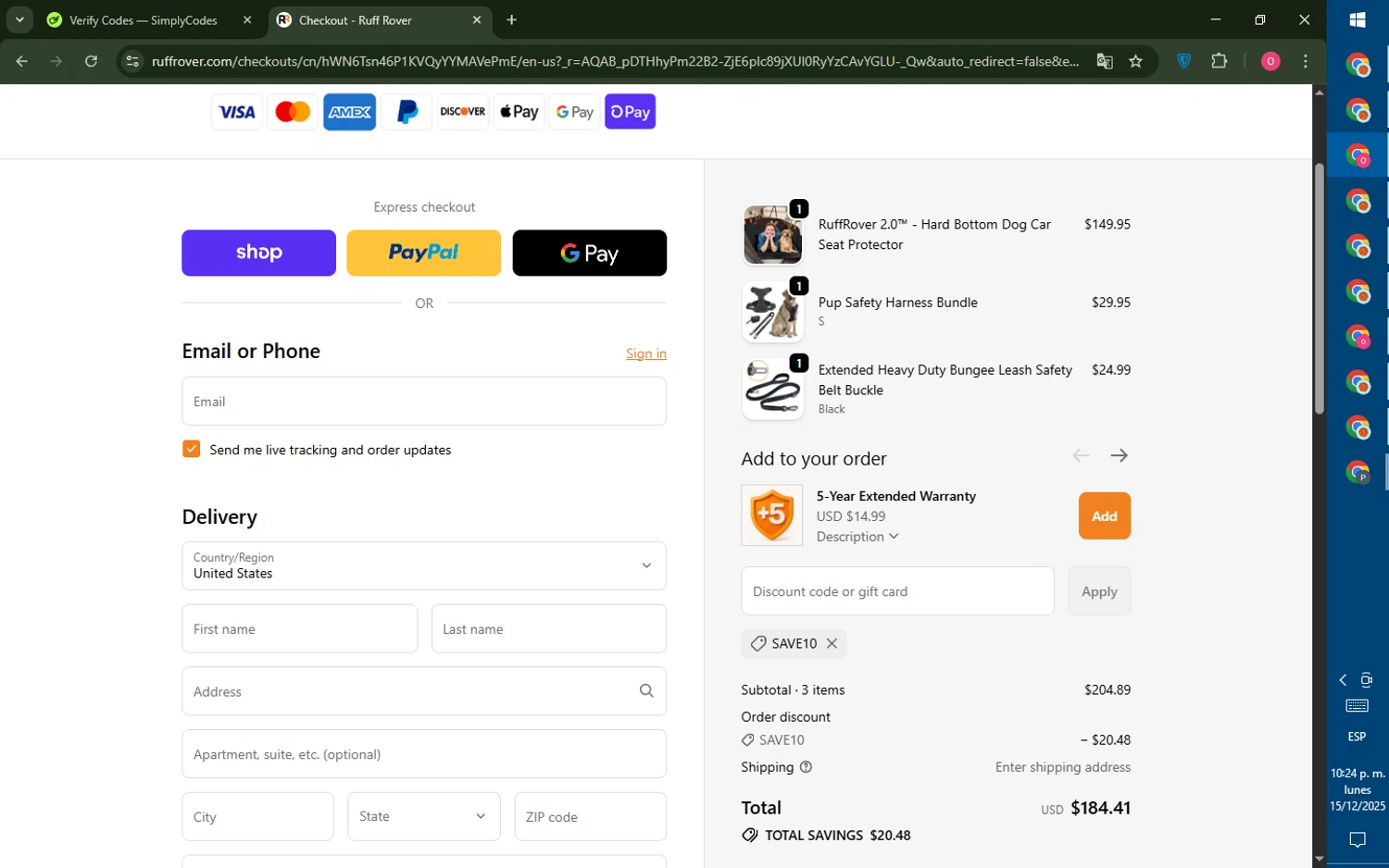 Ruff Rover discount code screenshot showing code SAVE10 applied at Ruff Rover checkout page. Uploaded by SimplyCodes community member LegendaryRanger6350 on Dec 16, 2025