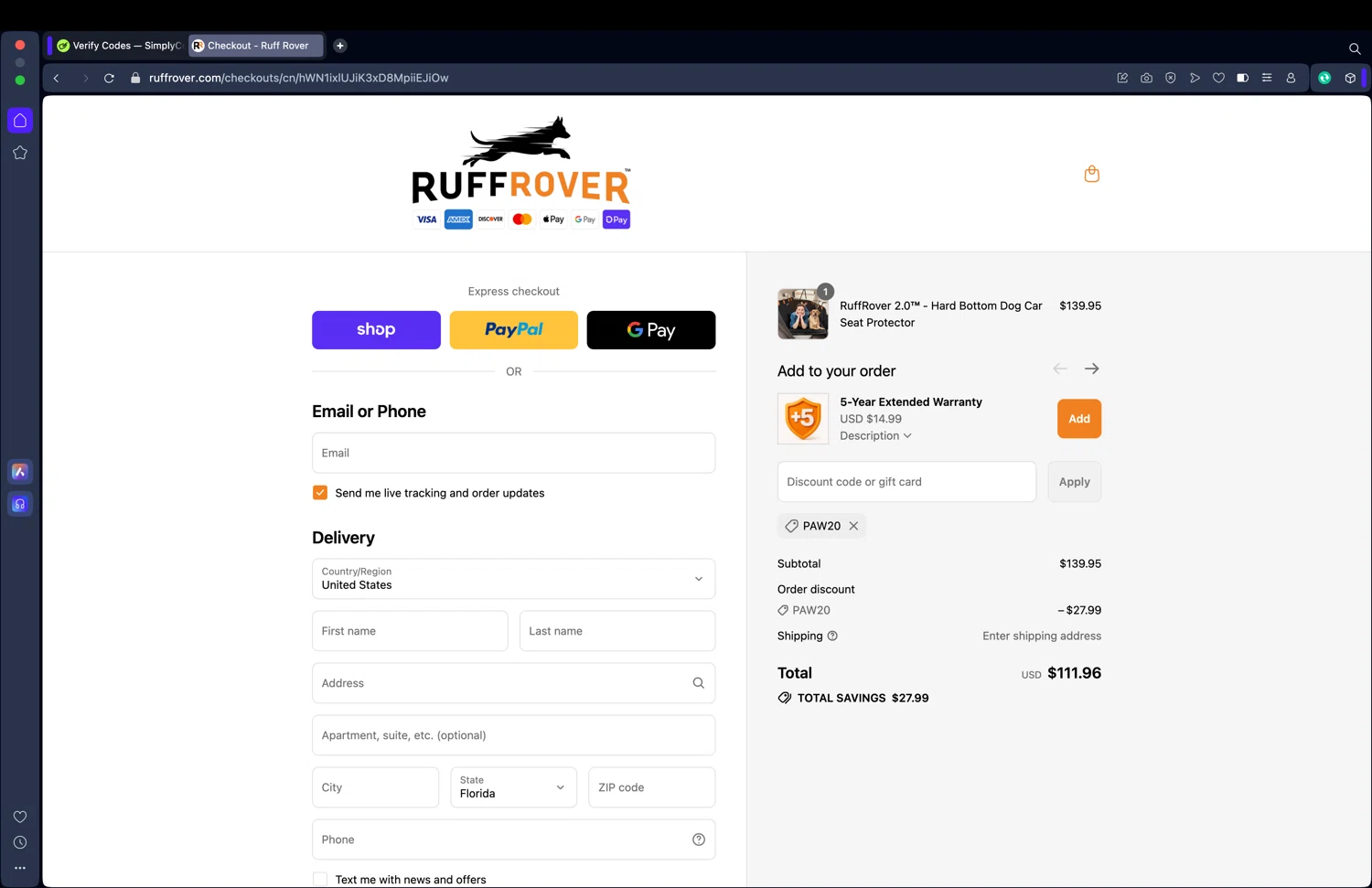 Ruff Rover discount code screenshot showing code PAW20 applied at Ruff Rover checkout page. Uploaded by SimplyCodes community member DiscountSleuth2229 on Aug 12, 2025