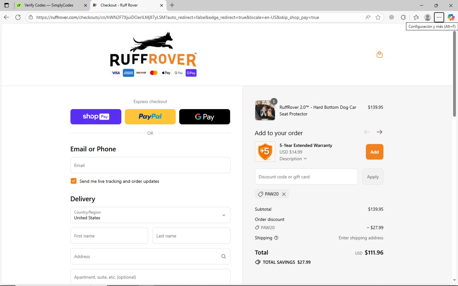 Ruff Rover discount code screenshot showing code PAW20 applied at Ruff Rover checkout page. Uploaded by SimplyCodes community member jhoanDepp on Aug 26, 2025