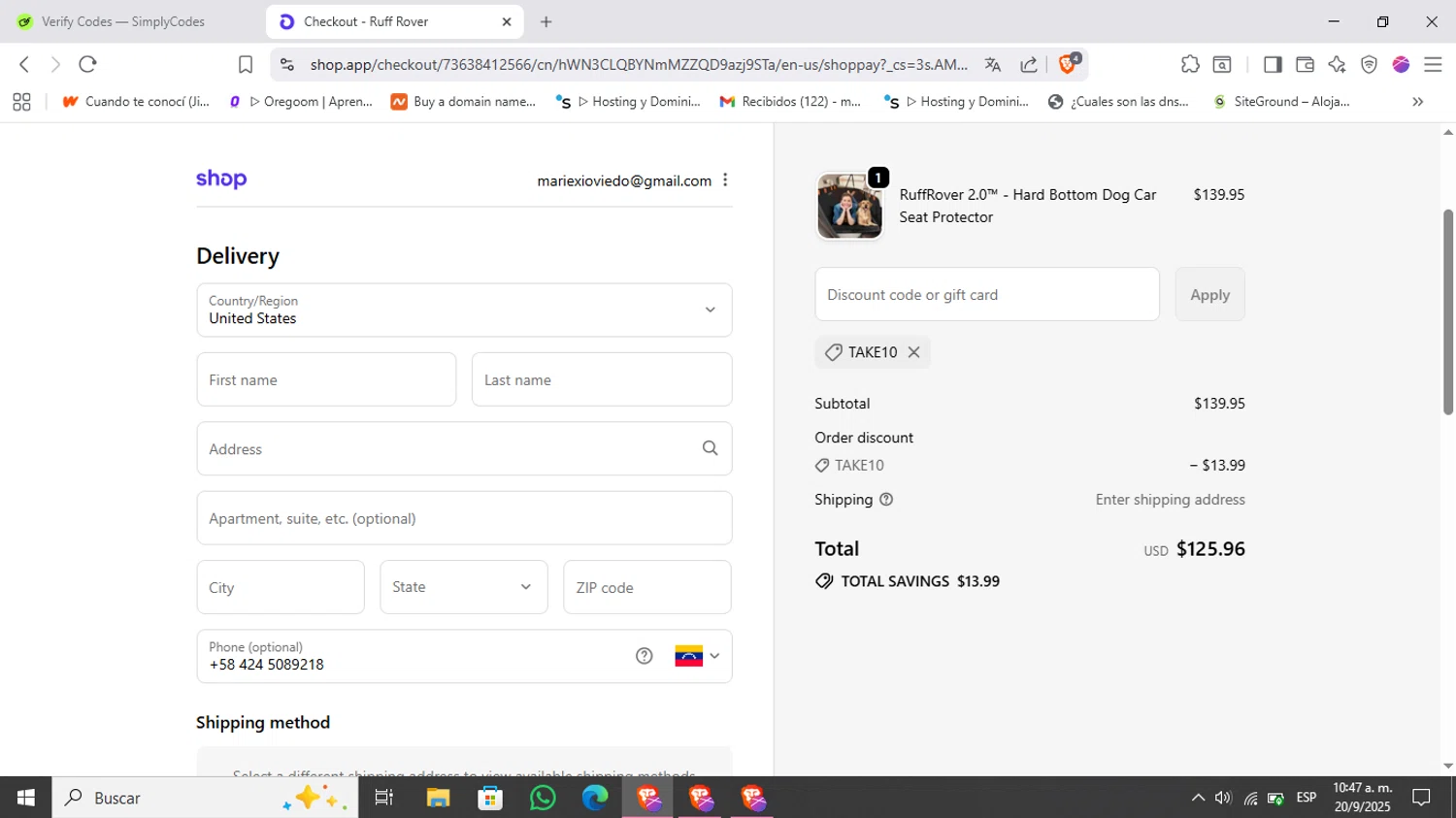 Ruff Rover discount code screenshot showing code TAKE10 applied at Ruff Rover checkout page. Uploaded by SimplyCodes community member Kimberly on Sep 20, 2025