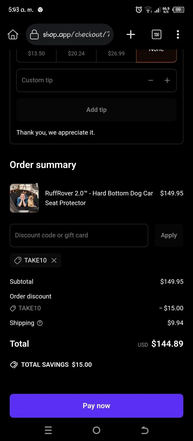 Ruff Rover discount code screenshot showing code TAKE10 applied at Ruff Rover checkout page. Uploaded by SimplyCodes community member Pipina11 on May 13, 2025