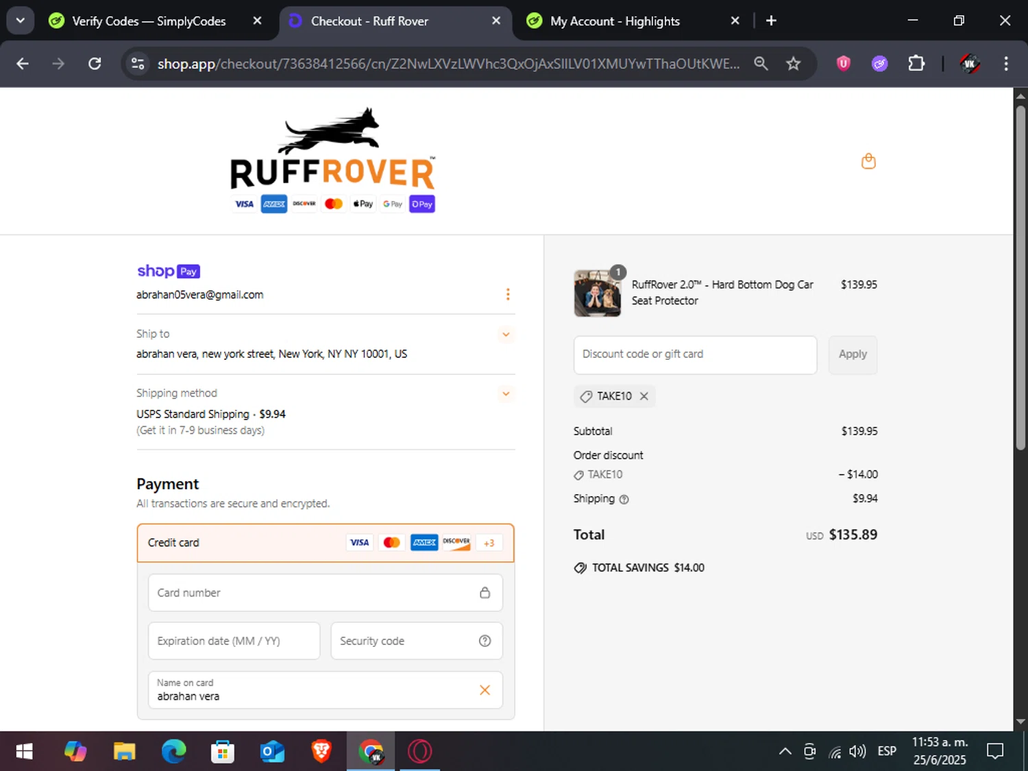 Ruff Rover discount code screenshot showing code TAKE10 applied at Ruff Rover checkout page. Uploaded by SimplyCodes community member TreasureAdmiral6867 on Jun 25, 2025