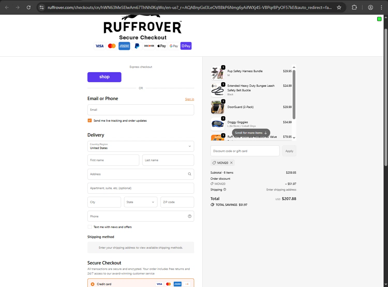 Ruff Rover discount code screenshot showing code MOM20 applied at Ruff Rover checkout page. Uploaded by SimplyCodes community member verify_codes on Dec 4, 2025
