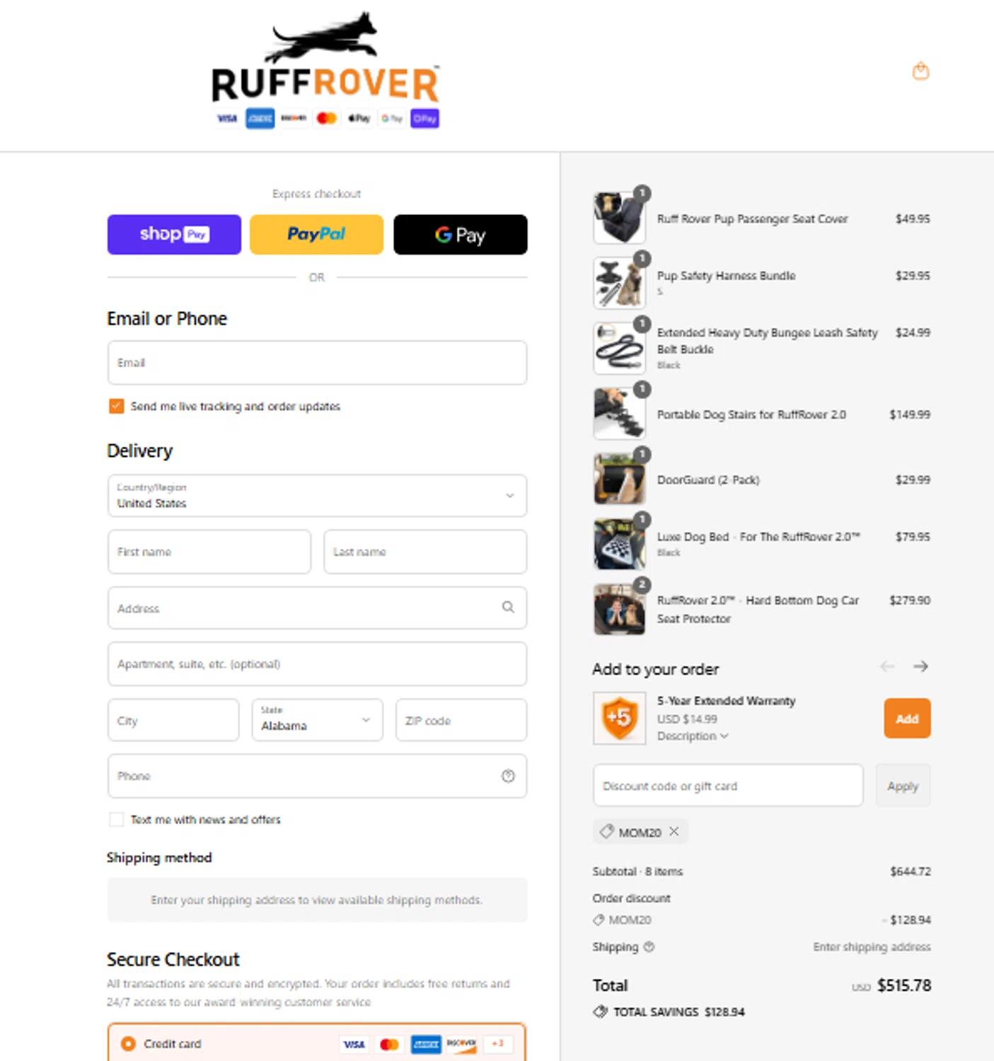 Ruff Rover discount code screenshot showing code MOM20 applied at Ruff Rover checkout page. Uploaded by SimplyCodes community member Aspen_Colorado on Jul 23, 2025