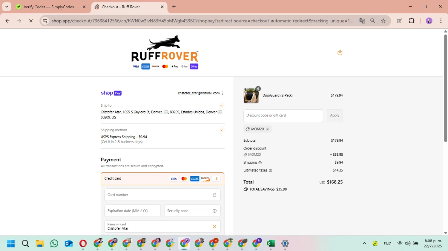 Ruff Rover discount code screenshot showing code MOM20 applied at Ruff Rover checkout page. Uploaded by SimplyCodes community member MariAPB on Jul 23, 2025