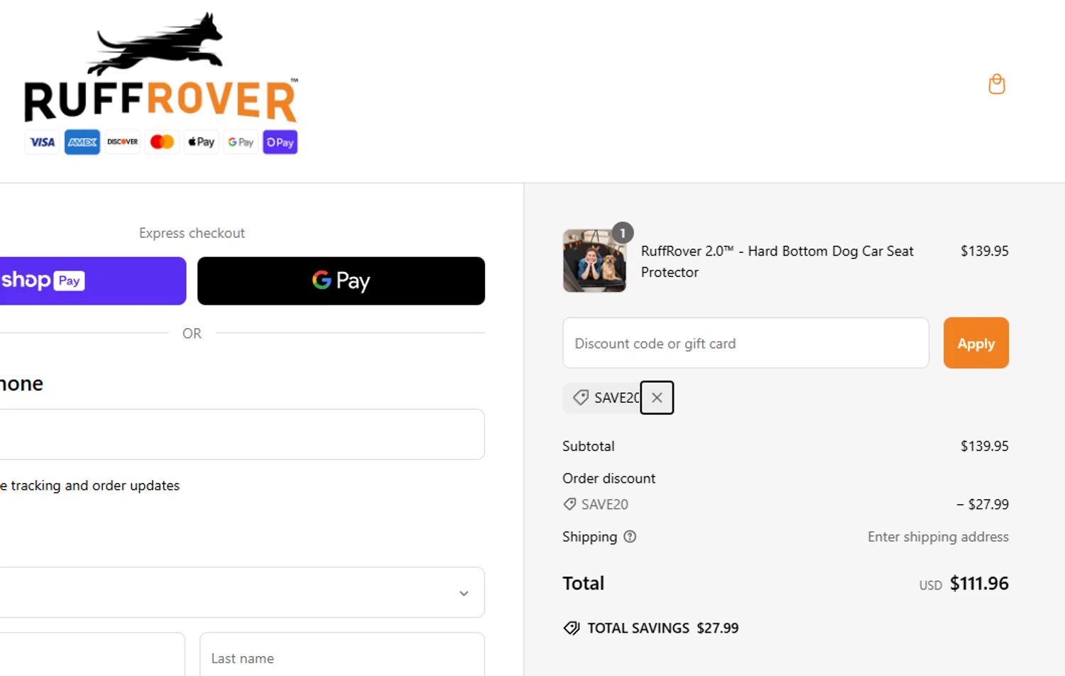 Ruff Rover discount code screenshot showing code SAVE20 applied at Ruff Rover checkout page. Uploaded by SimplyCodes community member aumentadax10 on Mar 12, 2025
