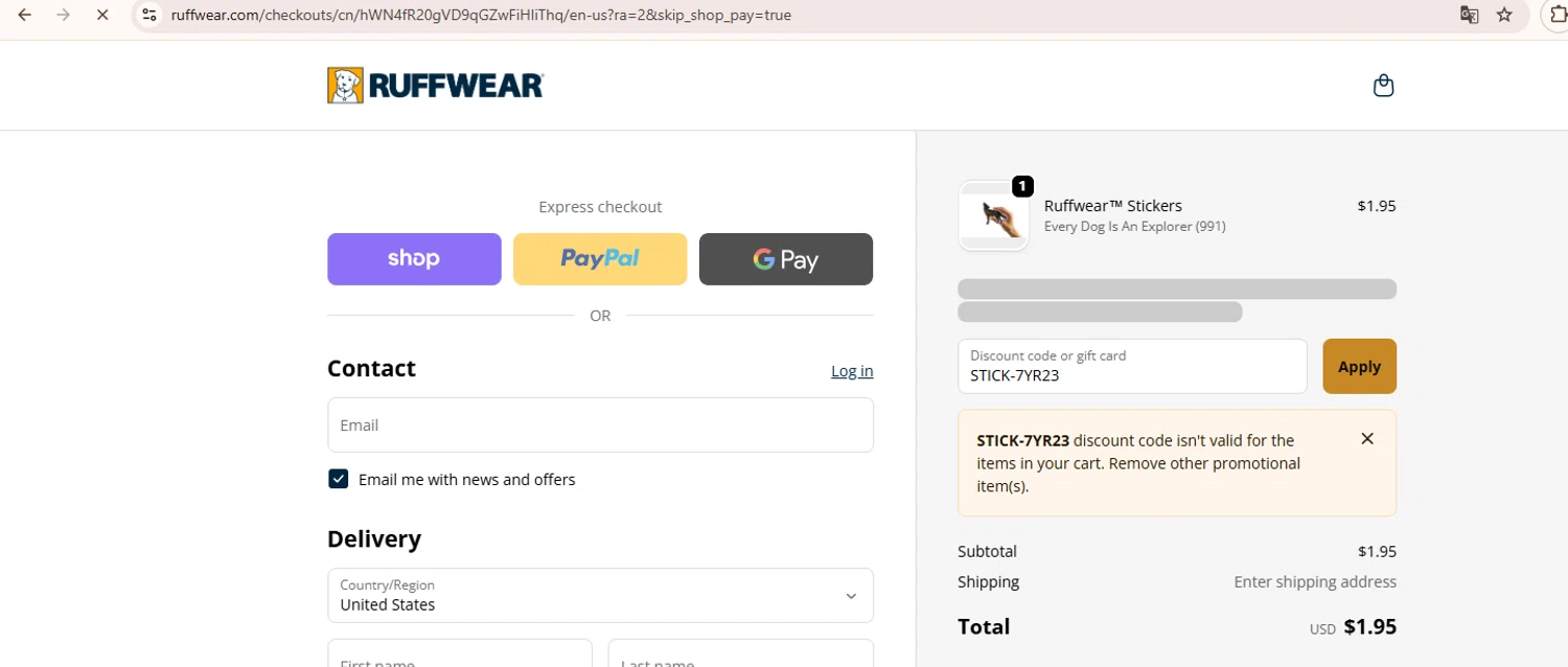 Ruff Wear discount code screenshot showing code STICK-7YR23 applied at Ruff Wear checkout page. Uploaded by SimplyCodes community member SwiftSage9854 on Oct 29, 2025