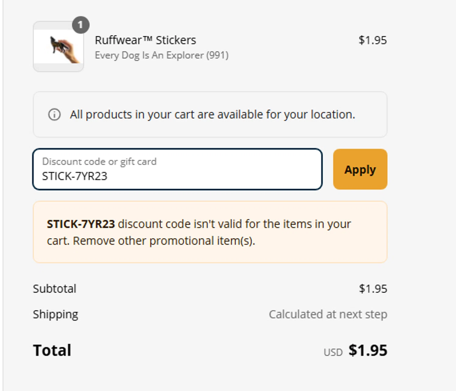 Ruff Wear discount code screenshot showing code STICK-7YR23 applied at Ruff Wear checkout page. Uploaded by SimplyCodes community member RewardCurator5232 on Apr 15, 2025