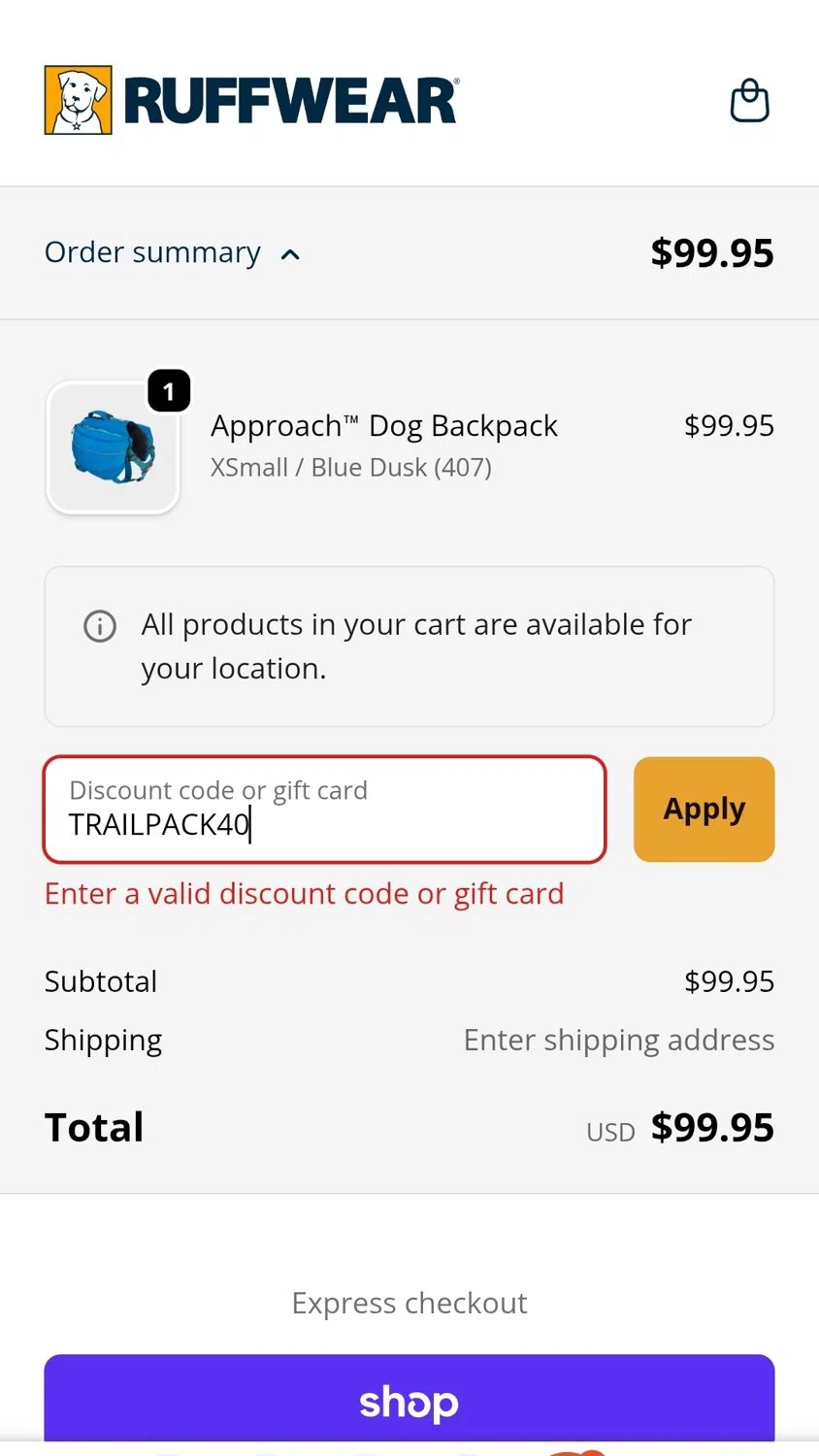 Ruff Wear discount code screenshot showing code TRAILPACK40 applied at Ruff Wear checkout page. Uploaded by SimplyCodes community member JuanMonge on Nov 11, 2025