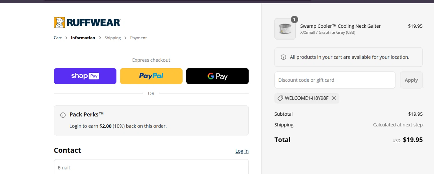 Ruff Wear discount code screenshot showing code WELCOME1-H8Y98F applied at Ruff Wear checkout page. Uploaded by SimplyCodes community member ashe1986 on Jun 9, 2025