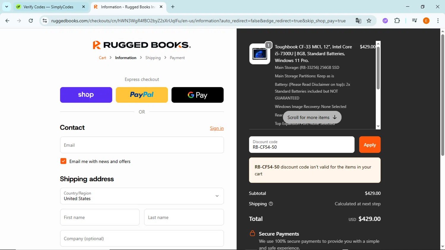 Rugged Books checkout page showing Rugged Books discount code box | Screenshot taken by SimplyCodes community member on Sep 29, 2025