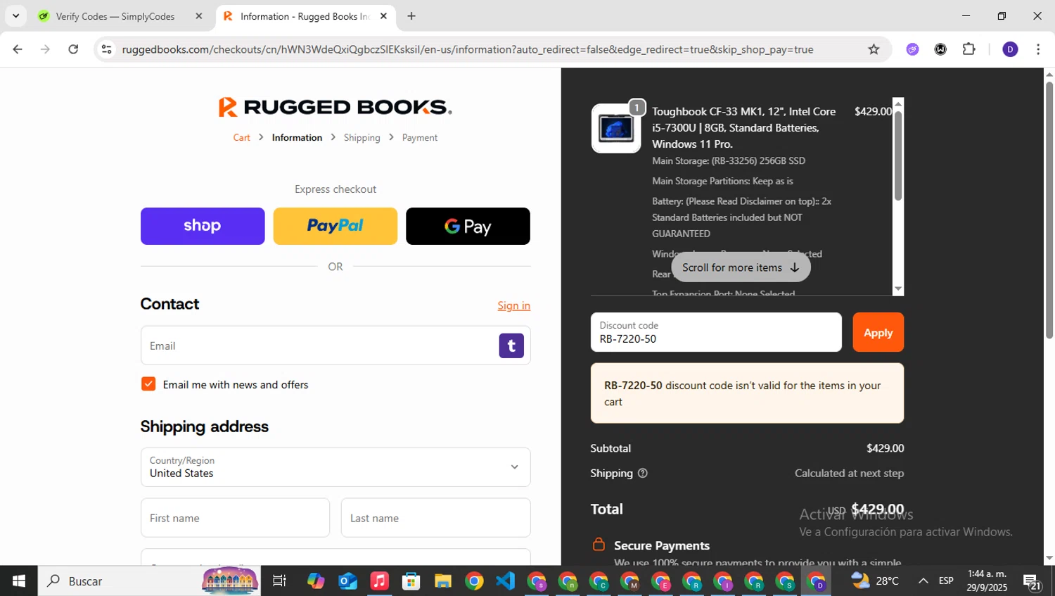 Rugged Books checkout page showing Rugged Books discount code box | Screenshot taken by SimplyCodes community member on Sep 29, 2025