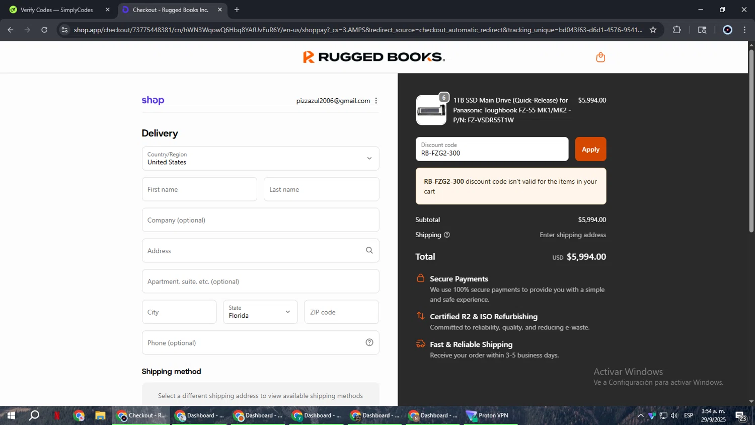 Rugged Books discount code screenshot showing code RB-FZG2-300 applied at Rugged Books checkout page. Uploaded by SimplyCodes community member RoyalBoss4384 on Sep 29, 2025