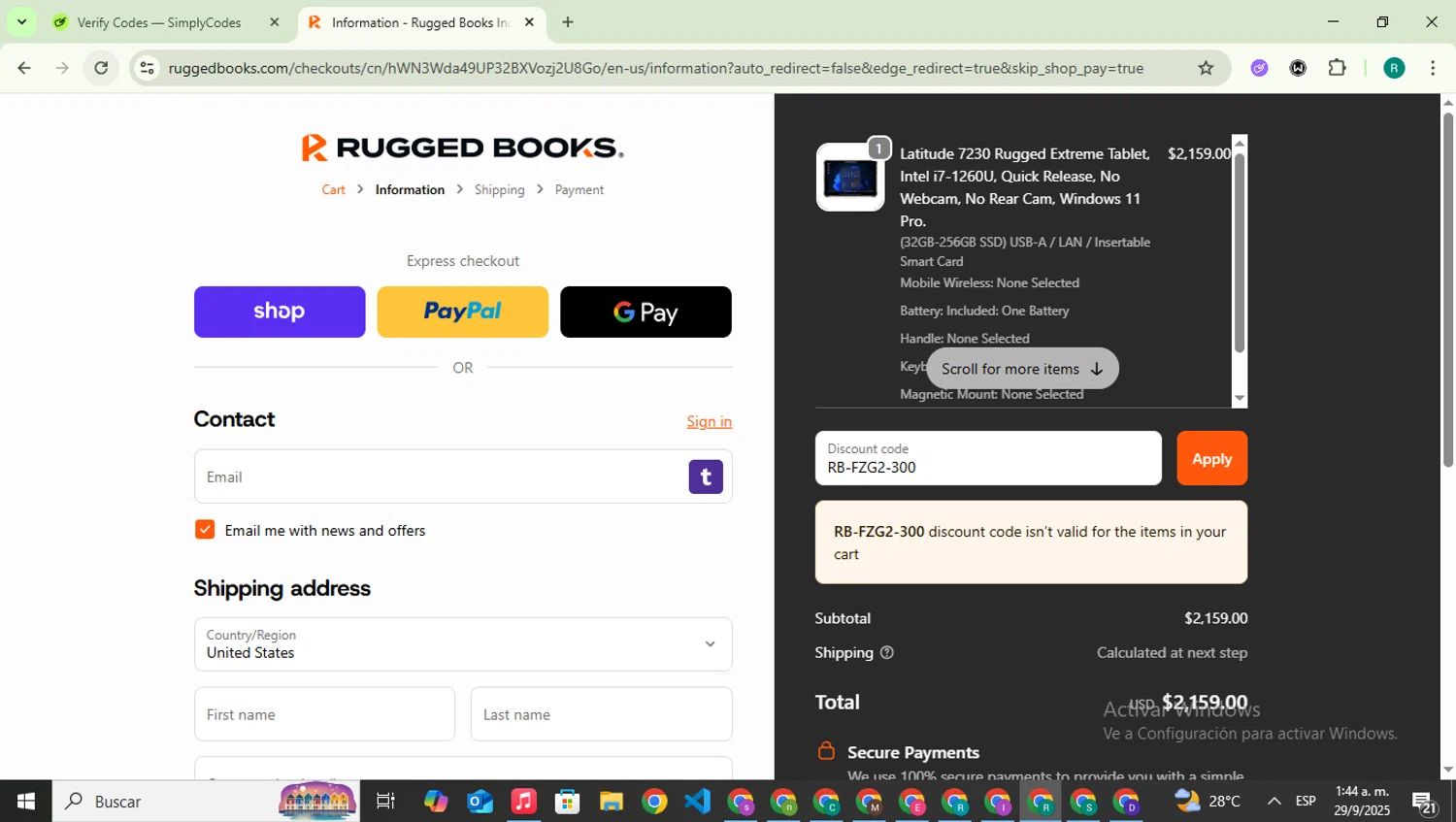 Rugged Books discount code screenshot showing code RB-FZG2-300 applied at Rugged Books checkout page. Uploaded by SimplyCodes community member SavingsLegend387 on Sep 29, 2025