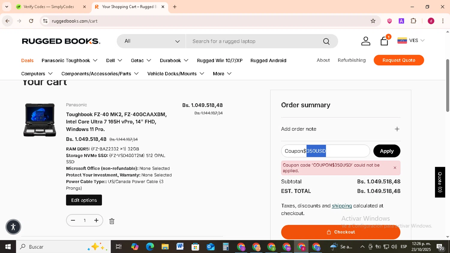 Rugged Books discount code screenshot showing code Coupon$350USD applied at Rugged Books checkout page. Uploaded by SimplyCodes community member FrugalMonarch7277 on Oct 23, 2025