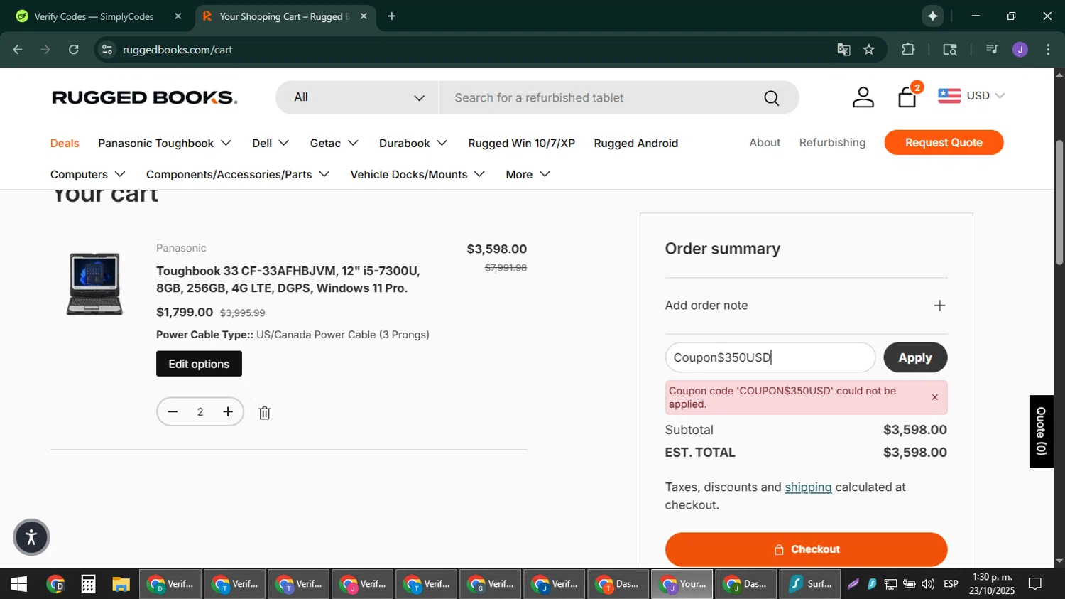 Rugged Books discount code screenshot showing code Coupon$350USD applied at Rugged Books checkout page. Uploaded by SimplyCodes community member sniderjack453 on Oct 23, 2025