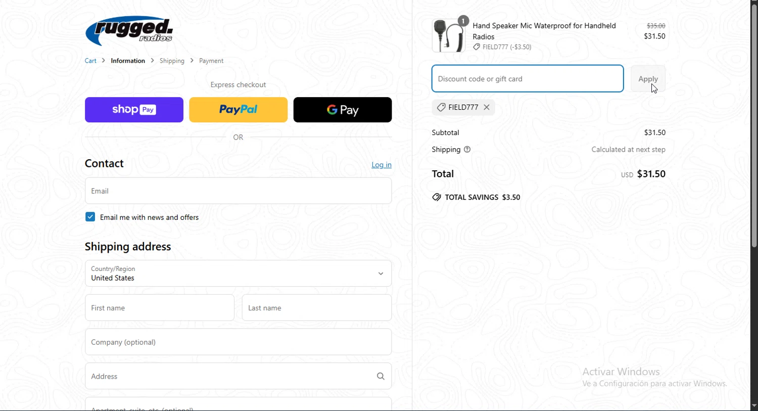 Rugged Radios discount code screenshot showing code FIELD777 applied at Rugged Radios checkout page. Uploaded by SimplyCodes community member Jsjsjsjsjsjsjs on Apr 13, 2025
