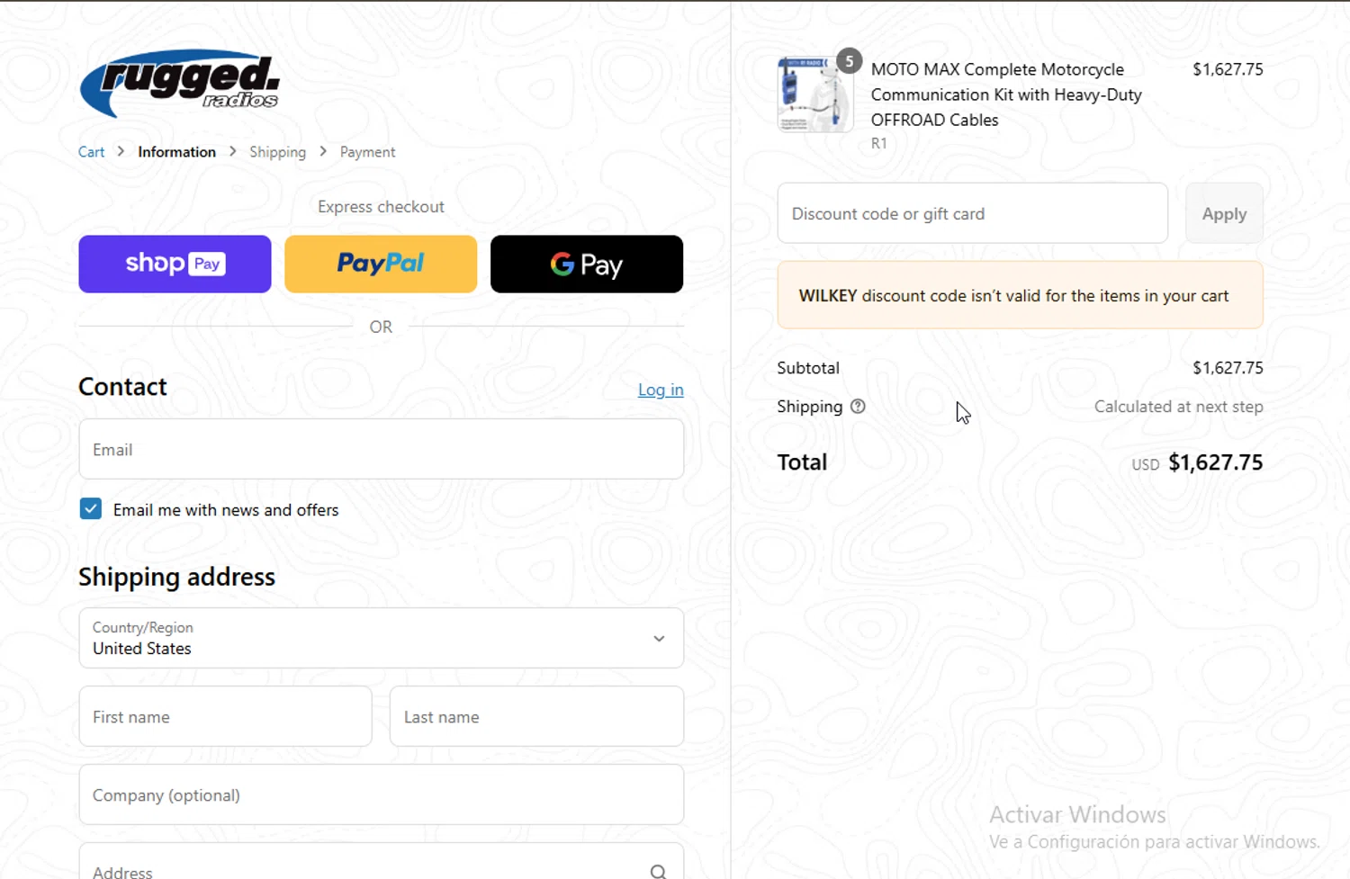 Rugged Radios discount code screenshot showing code WILKEY applied at Rugged Radios checkout page. Uploaded by SimplyCodes community member VictoriousElite9587 on Jul 5, 2025