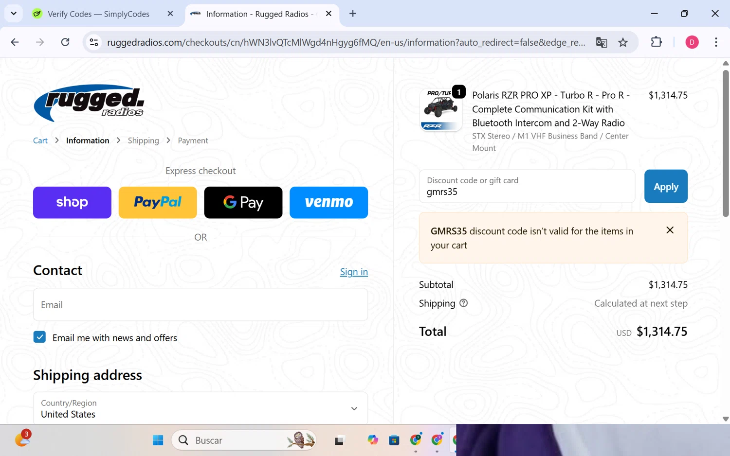 Rugged Radios discount code screenshot showing code gmrs35 applied at Rugged Radios checkout page. Uploaded by SimplyCodes community member LuckyHero4650 on Oct 5, 2025