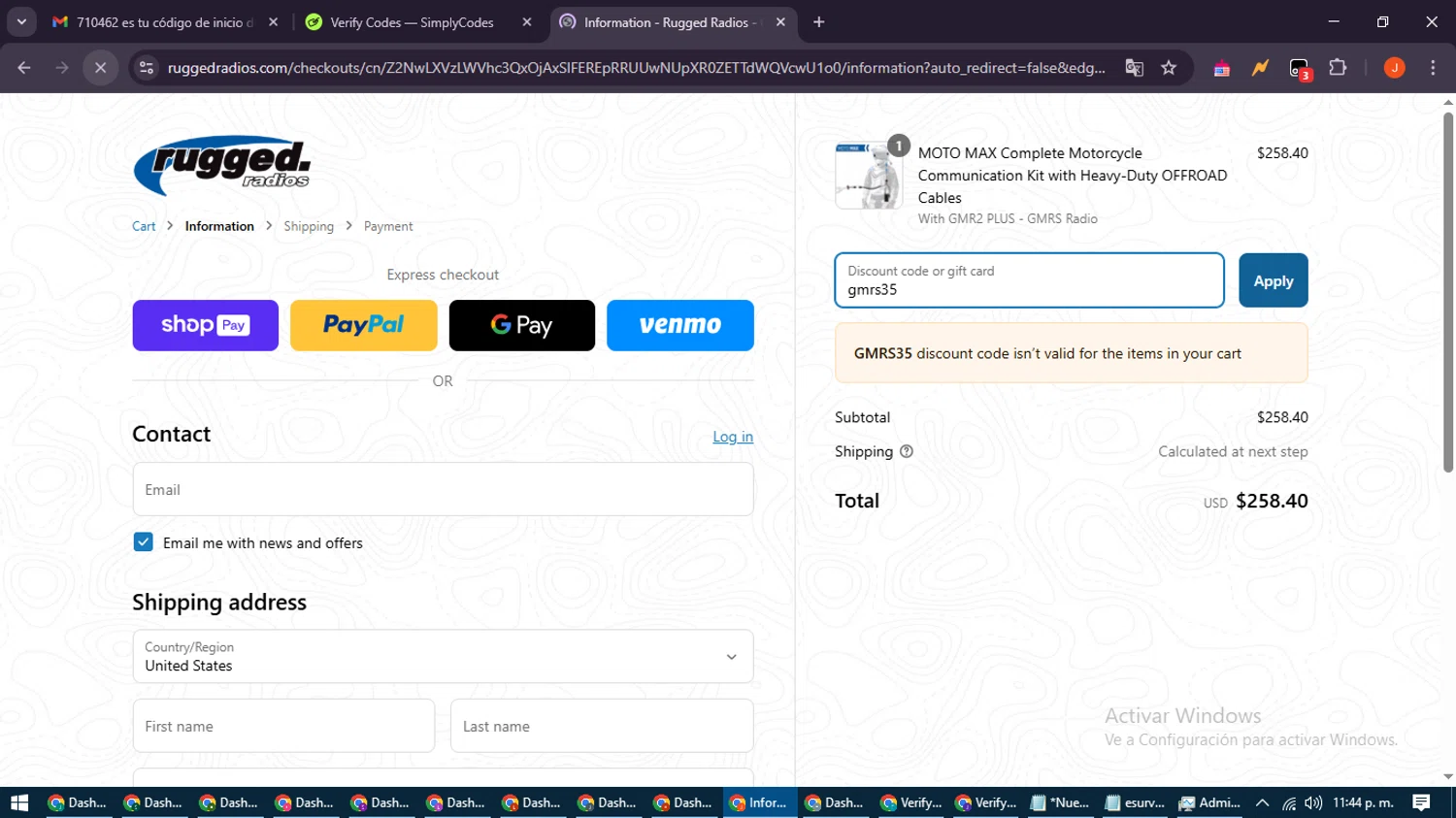 Rugged Radios discount code screenshot showing code gmrs35 applied at Rugged Radios checkout page. Uploaded by SimplyCodes community member NobleAce2304 on Mar 28, 2025