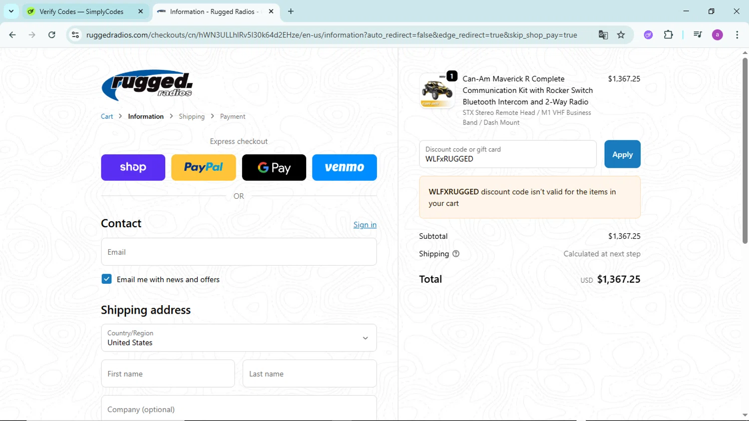 Rugged Radios discount code screenshot showing code WLFxRUGGED applied at Rugged Radios checkout page. Uploaded by SimplyCodes community member PennyBoss9589 on Sep 28, 2025