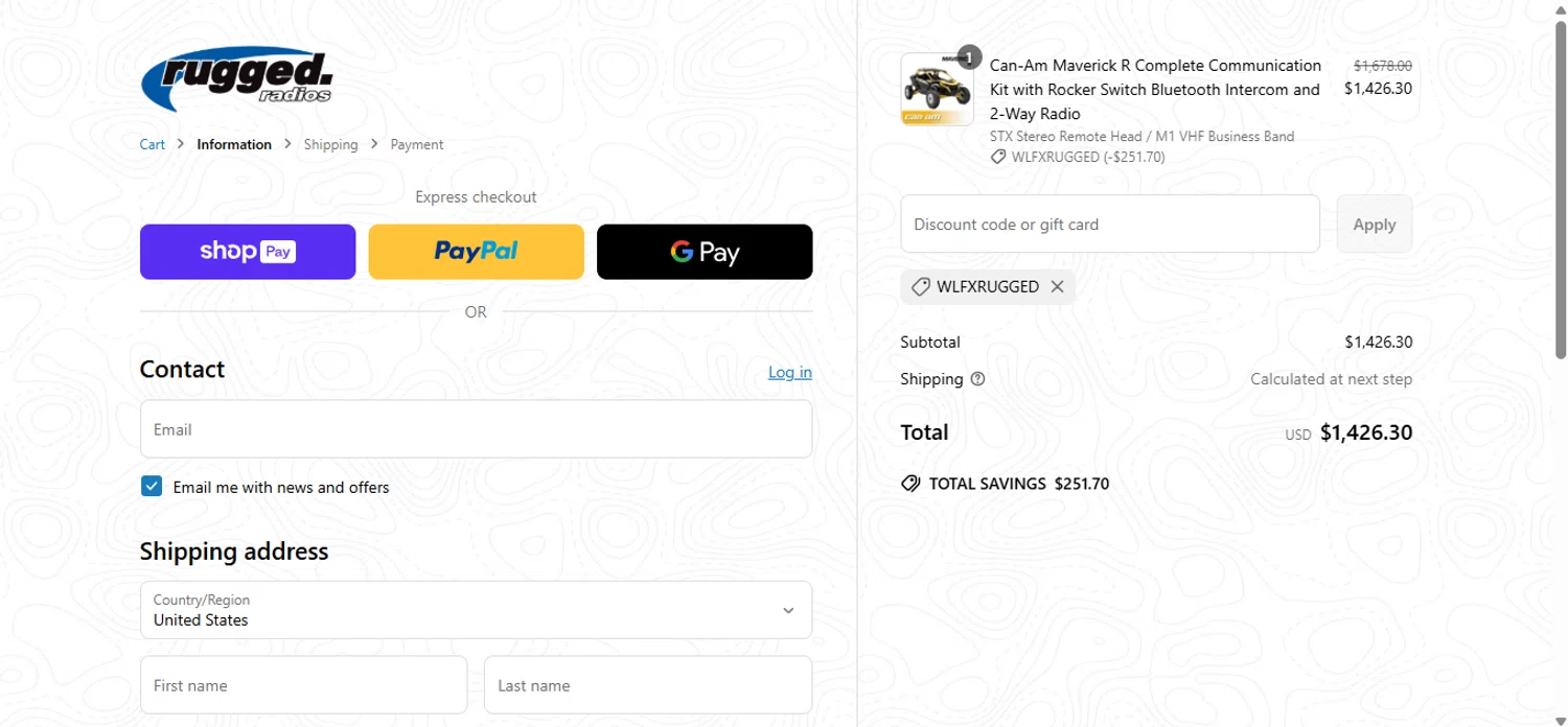 Rugged Radios discount code screenshot showing code WLFxRUGGED applied at Rugged Radios checkout page. Uploaded by SimplyCodes community member anosesmith on May 9, 2025