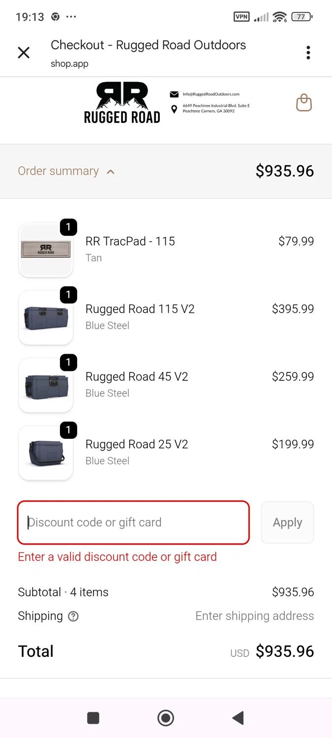 Rugged Road Outdoors discount code screenshot showing code Baylee applied at Rugged Road Outdoors checkout page. Uploaded by SimplyCodes community member ShieldWhiz4659 on Oct 7, 2025